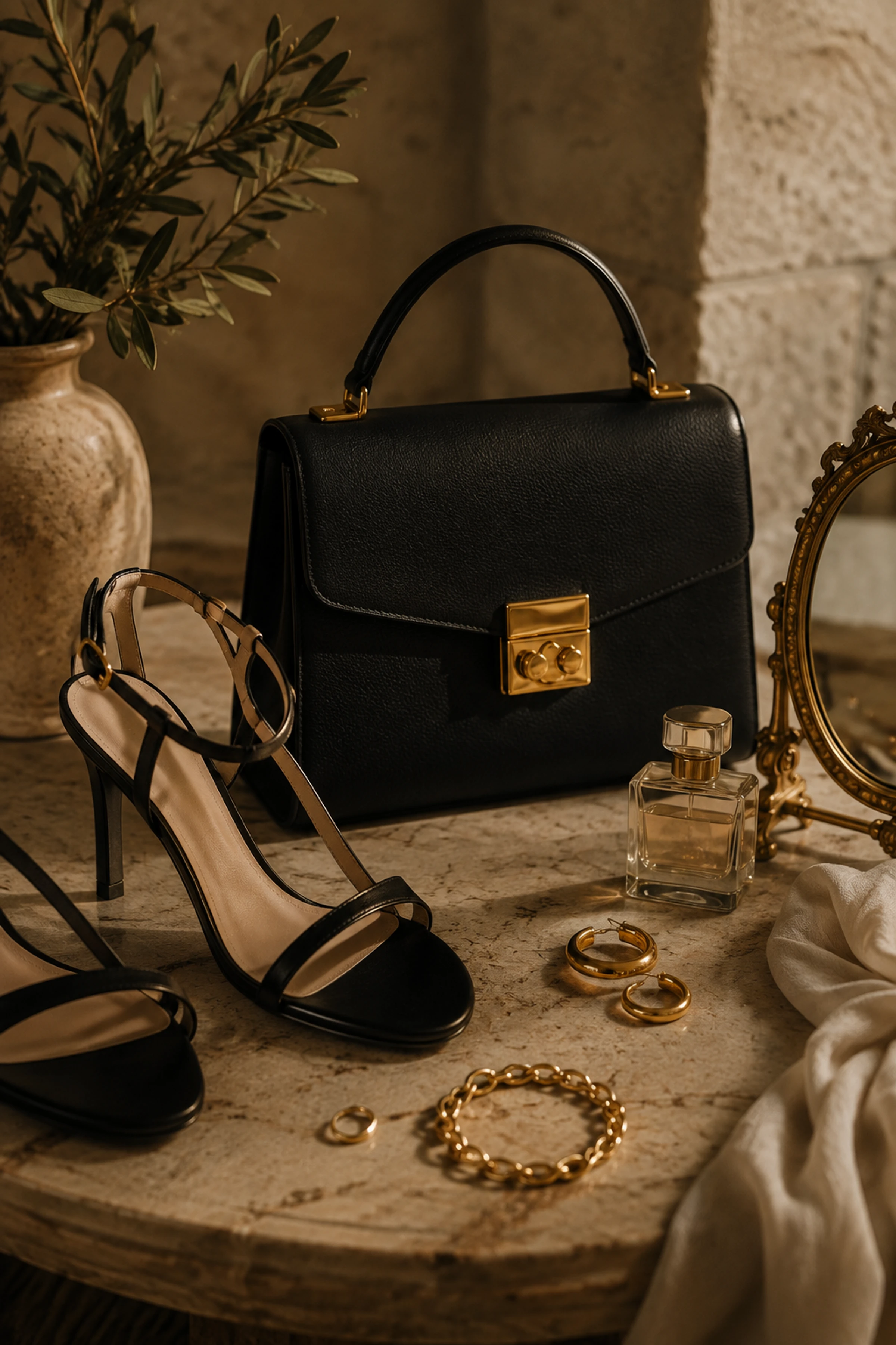 Campaña conceptual Revalia: bolso, tacones y joyería sobre una mesa de piedra